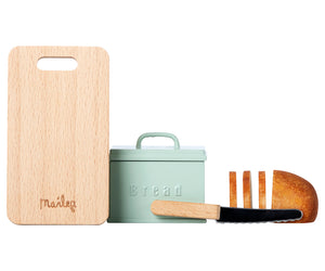 Miniature bread box with cutting board and knife