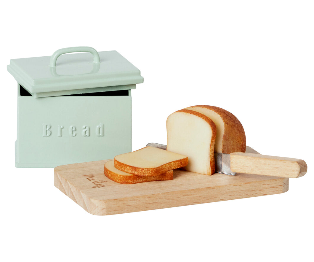 Miniature bread box with cutting board and knife